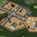 Farm Enclosure With Colorful Fence Sheep Huts Person White Stork And Planter Boxes