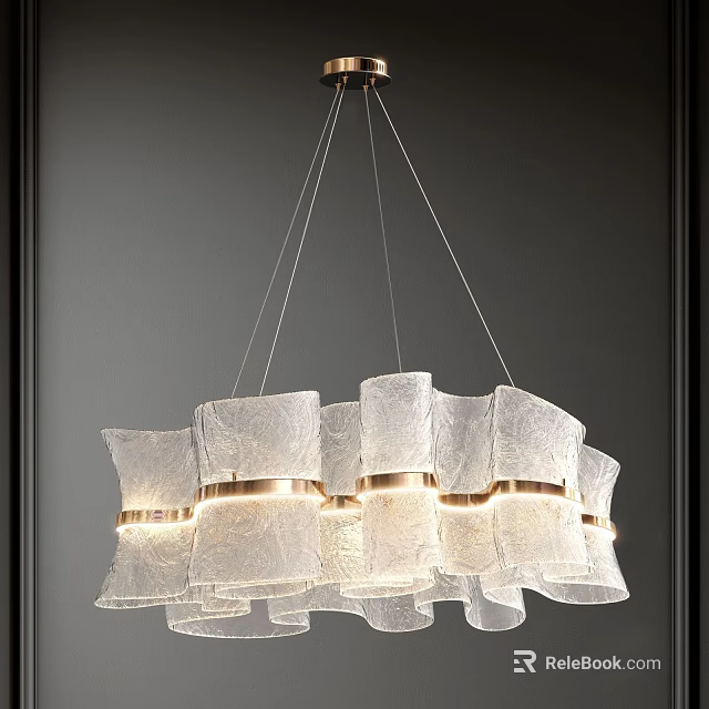 Modern Elegant Chandelier with Pleated White Fabric Shades and Gold Metal Rings 3d model 