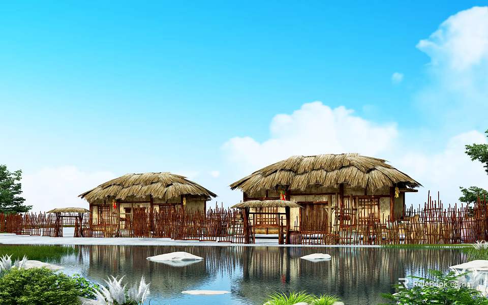 Scenic Thatched Cottages With Water Pool Bamboo Fences Greenery And Sky Reflections 3d model 
