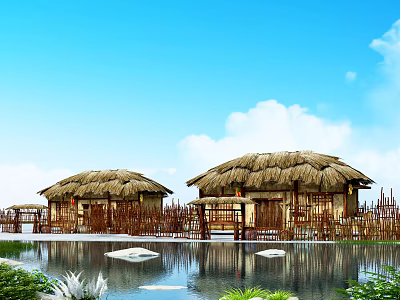 Scenic Thatched Cottages With Water Pool Bamboo Fences Greenery And Sky Reflections 3d model