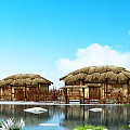 Scenic Thatched Cottages With Water Pool Bamboo Fences Greenery And Sky Reflections