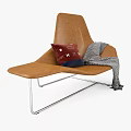 Brown Leather Leisure Chair with Red Cushion and Gray Plaid Blanket on Metal Legs
