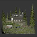 Log Cabin Architecture Surrounded By Pine Trees With Driveway And Cars On Rocky Base