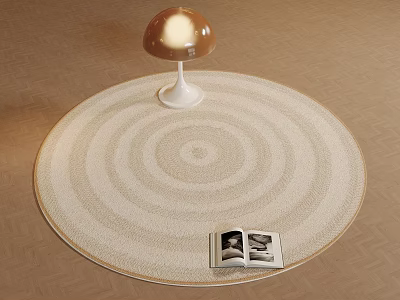 Round Rug With Concentric Circle Design Mushroom Lamp Open Photo Book On Neutral Beige Floor 3d model