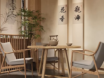 New Chinese Style Tea Table and Chair Combination Song Style Aesthetics Tea Table and Chair Chinese Style Tea Room Ancient Style Negotiation Table and Chair Leisure Table and Chair Solid Wood Dining Table and Chair Potted Plant 3d model