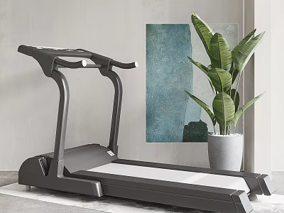 Modern Treadmill For Home Gym With Gray Wall Decorative Painting And Green Plant 3d model