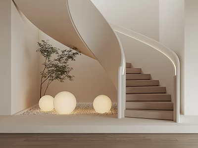 Elegant Interior Spiral Staircase Design With Brown Steps Small Tree And Glowing Spherical Lights 3d model