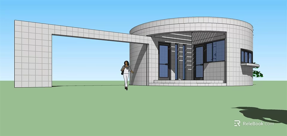 Modern Circular Building Exterior With Large Glass Windows And Person Walking On Green Lawn 3d model 