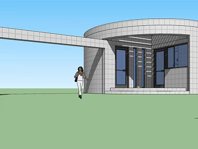 Modern Circular Building Exterior With Large Glass Windows And Person Walking On Green Lawn 3d model