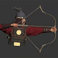 Game Movie Character Archer in Blue Helmet and Red Robe Drawing Longbow with Metal Armor