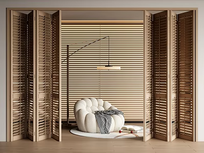 Wooden Folding Doors In Open Concept Living Space With Cozy Sofa 3d model