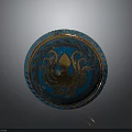 Circular Decorative Plate With Blue Background Gold Octopus Design And Ornate Border