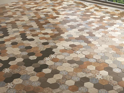 Geometric Hexagonal Floor Tiles With Diverse Color Patterns For Modern Interior 3d model