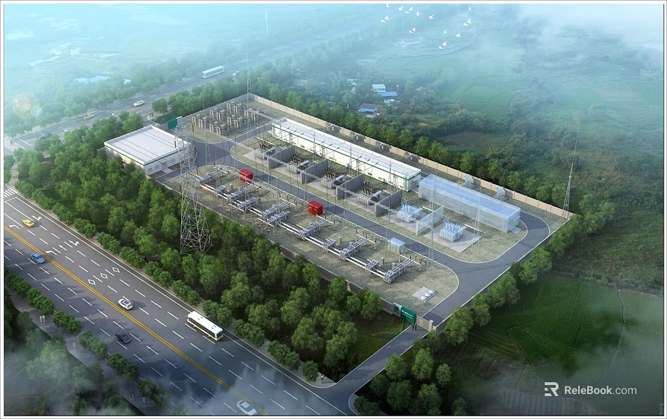 Industrial Factory With Surrounding Greenery Near Road And Vehicles Modern Layout Facilities 3d model 