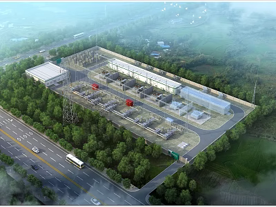 Industrial Factory With Surrounding Greenery Near Road And Vehicles Modern Layout Facilities 3d model