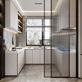 Modern Kitchen Interior With White Cabinets Glass Doors And Marble Countertop