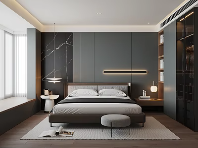 Modern Bedroom Interior Design With Marble Accent Wall King Bed And Nightstands 3d model