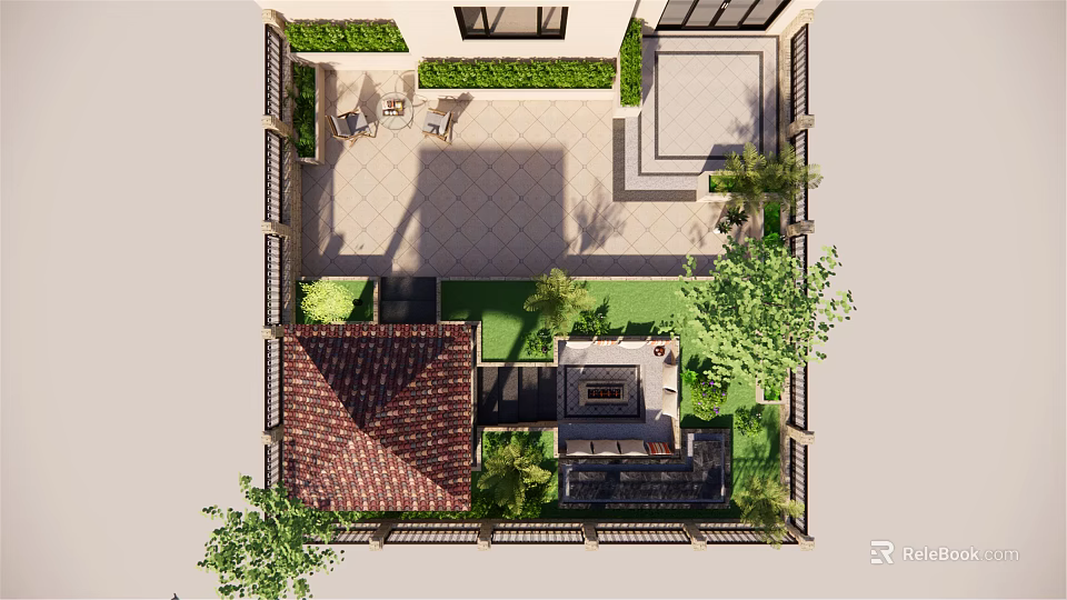 Garden Landscape With Lawn Trees Stone Paving And Outdoor Seating Area 3d model 