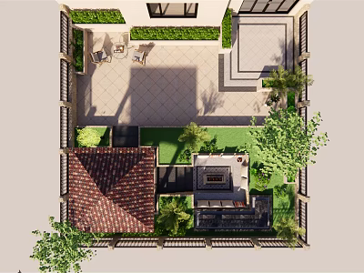 Garden Landscape With Lawn Trees Stone Paving And Outdoor Seating Area 3d model