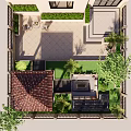 Garden Landscape With Lawn Trees Stone Paving And Outdoor Seating Area