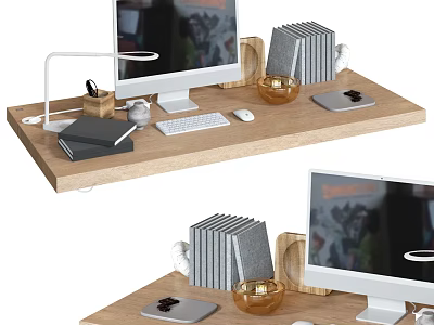 Home Office Wooden Desk Setup With Monitor Keyboard Mouse Lamp Books And Tablet 3d model