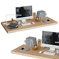 Home Office Wooden Desk Setup With Monitor Keyboard Mouse Lamp Books And Tablet
