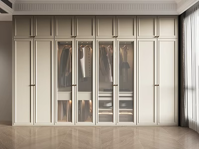Modern Wooden Wardrobe With Glass Doors And Interior Storage Design 3d model