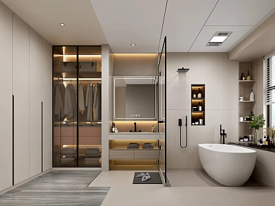 Modern Bathroom Interior Design With Freestanding White Bathtub Double Vanity Glass Shower And Walk-in Closet 3d model