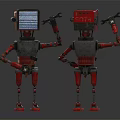 Two Red and Gray Robots with Screen Head and Red Square Head Holding Wrenches