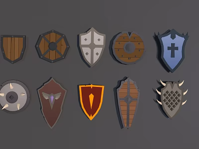 Various Shield Weapon Designs with Wooden Metal Cross and Spiked Patterns 3d model Various Shield Weapon Designs with Wooden Metal Cross and Spiked Patterns 3d model
