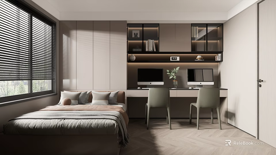Modern Tatami Bedroom Interior Design With Tatami Bed Desk Chairs And Storage Cabinets 3d model 