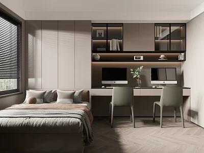 Modern Tatami Bedroom Interior Design With Tatami Bed Desk Chairs And Storage Cabinets 3d model