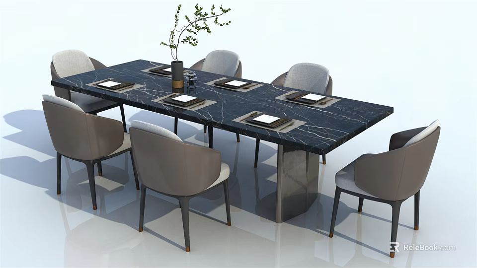 Modern Dining Table Set with Black Marble Top Gray Chairs Tableware and Vase 3d model
