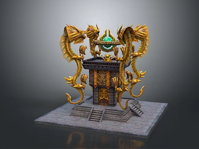 Ancient Ornate Structure With Golden Dragons Green Gemstone Carved Details And Stone Steps 3d model