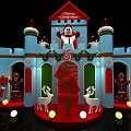 Festive Christmas Castle Decoration With Santa Hats Red Blue Design And Chair