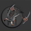 3D Character Model With Red Armor White Hair And Dual Blue Blades On Black Base