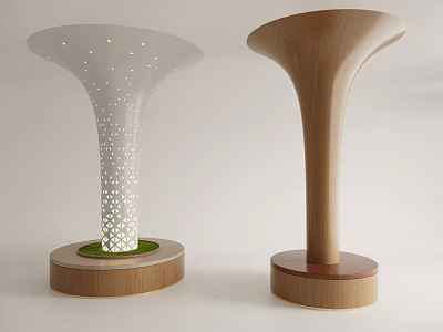 White Perforated Dot And Wooden Smooth Design Decorative Pillars With Green Wooden Base 3d model