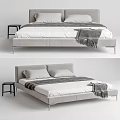 Double Bed With Gray Frame White Sheets Two Pillows Gray Blanket And Black Nightstand 3d model