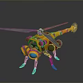 Yellow Mechanical Helicopter With Four Legs And Blue Propeller Robot Design