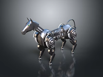 Robotic Horse Sculpture Featuring Metallic Body Mechanical Joints And Gear Details 3d model