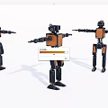 Three Smart Robots With Black And Orange Bodies In Standing Pose With Extended Arms