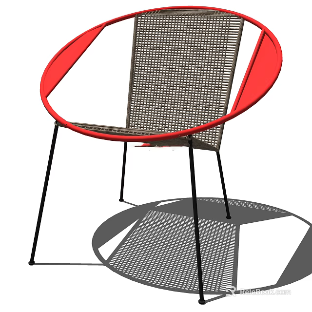 Stylish Leisure Chair Featuring Red Curved Accents Woven Seat And Black Metal Legs 3d model 