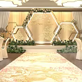 Modern Elegant Banquet Hall With Floral Arch Hexagon Decorations Stage Lighting And Greenery