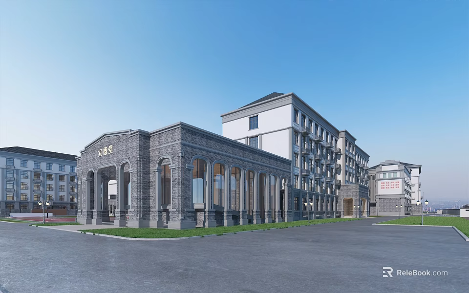 School Building With Arched Porch Gray Brick And White Multi Story Structure Plaza Lawn 3d model 