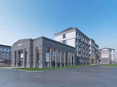 School Building With Arched Porch Gray Brick And White Multi Story Structure Plaza Lawn 3d model
