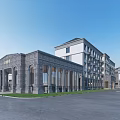 School Building With Arched Porch Gray Brick And White Multi Story Structure Plaza Lawn