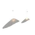 Two White Fluffy Chandeliers With Black Small Dot on Left and Lit on Right
