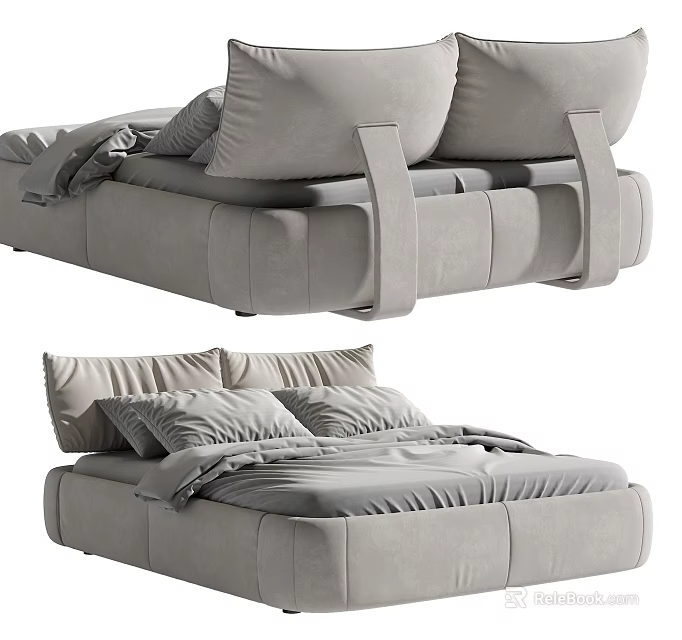Modern Gray Double Bed With Plush Pillows Soft Bedding And Upholstered Headboard 3d model