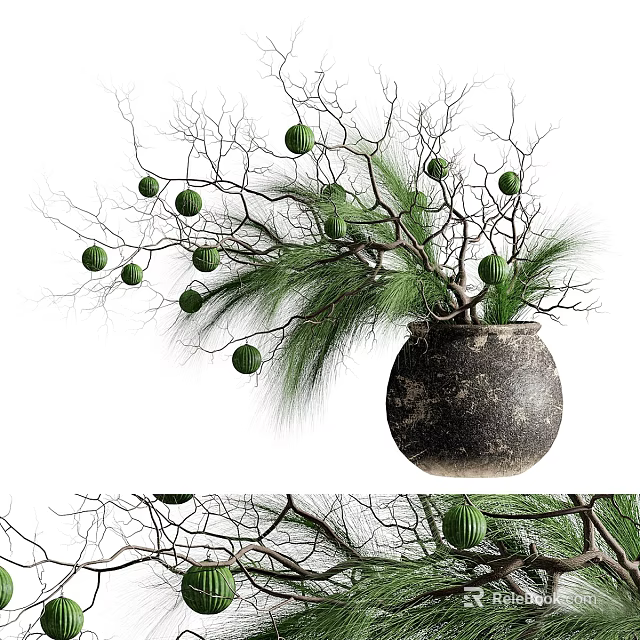 Dark Earthenware Vase With Branches Pine Needles And Green Round Fruits 3d model 