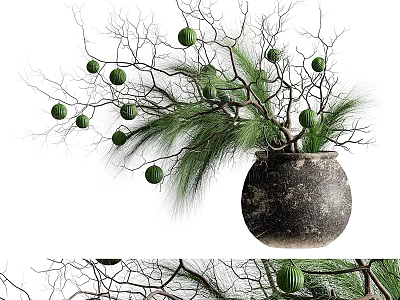 Dark Earthenware Vase With Branches Pine Needles And Green Round Fruits 3d model